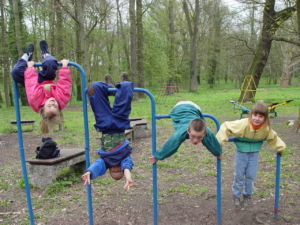Children playing on outdoor jungle gym equipment in a park.